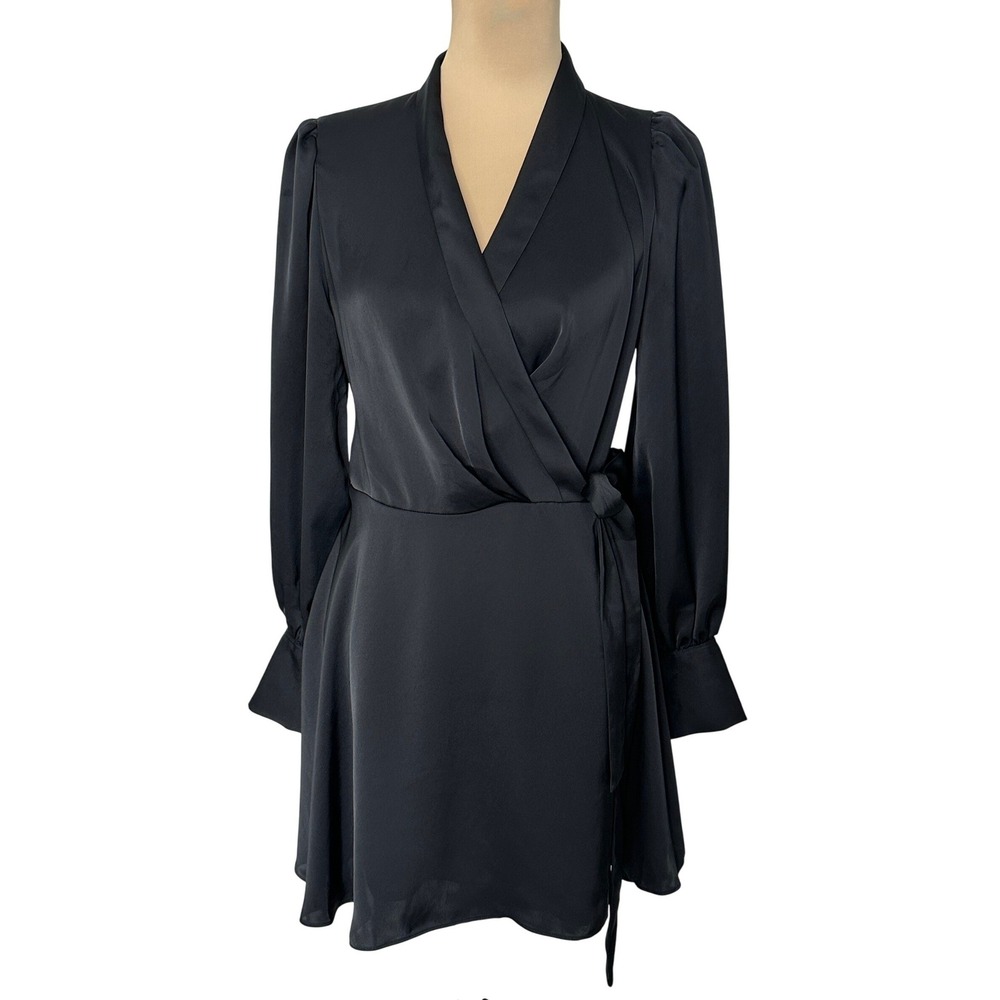 Babaton Hyde Satin Wrap Dress Small Black Long Sleeve Mini Aritzia Minimalist